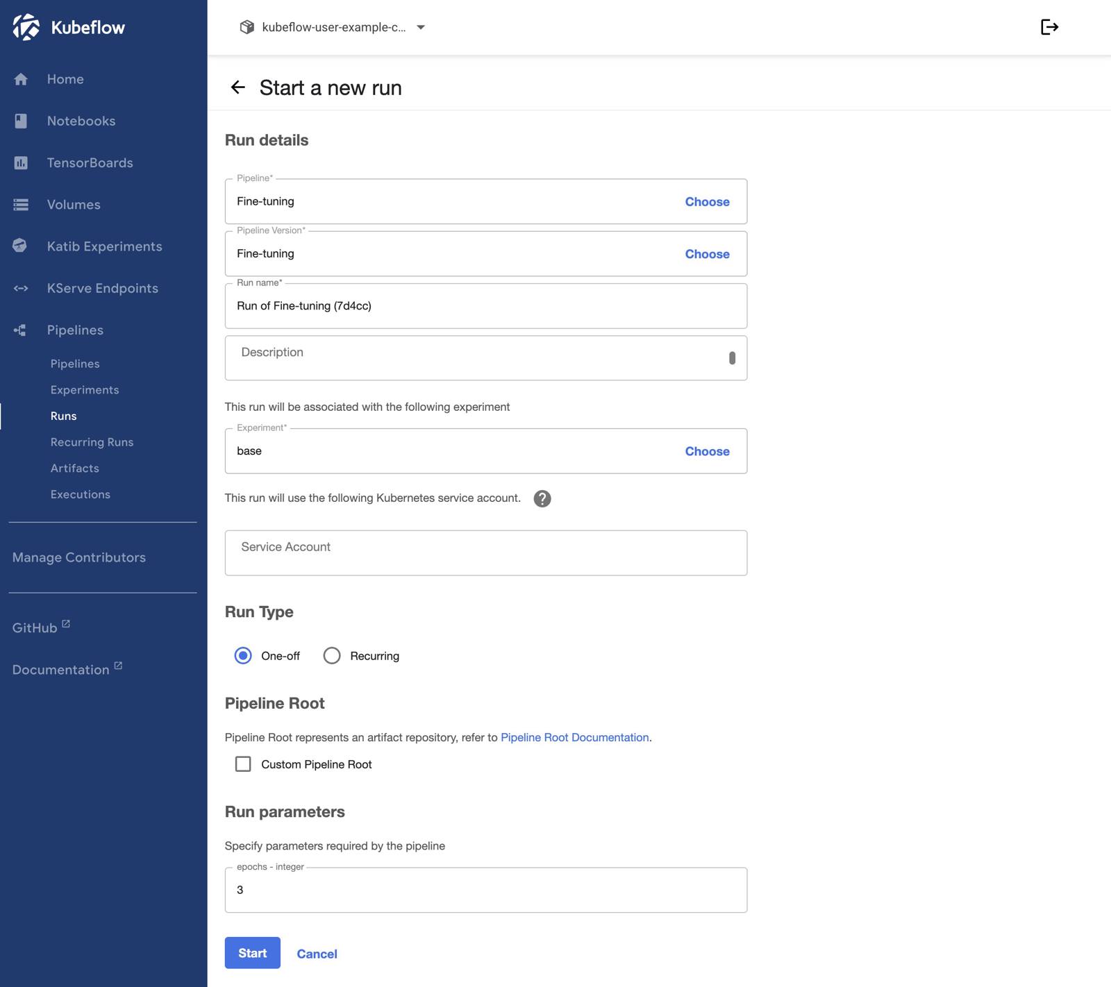 Screenshot of the Start a new run page within Kubeflow