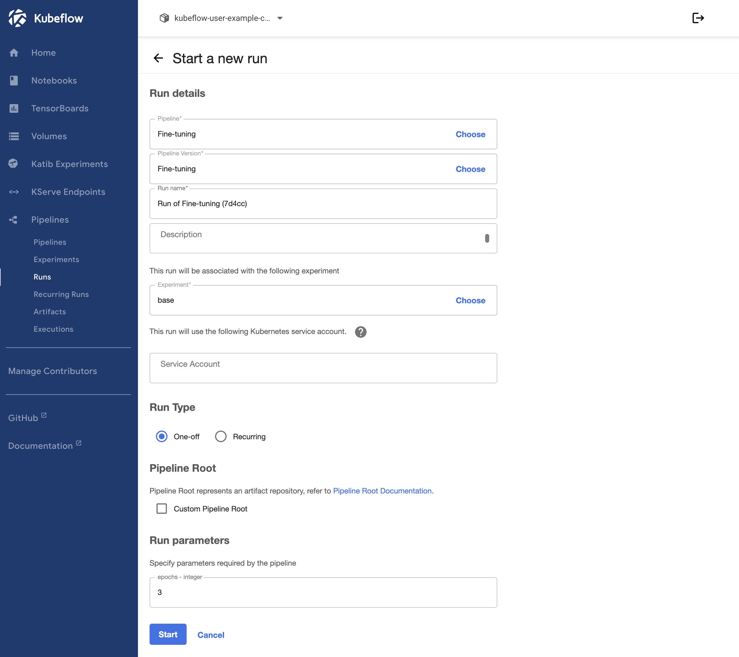 Screenshot of the Start a new run page within Kubeflow